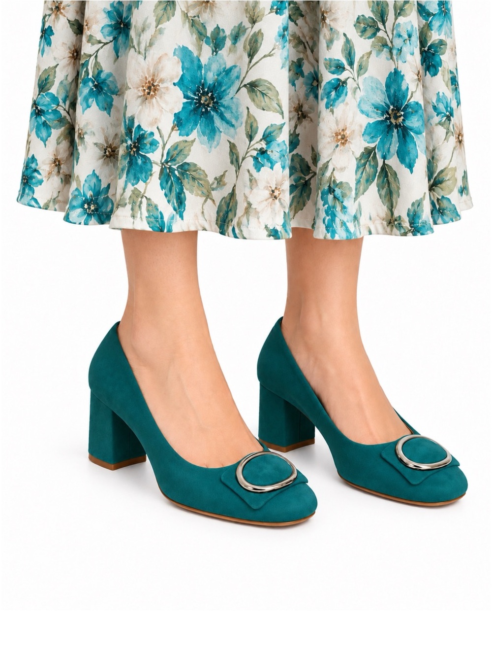 Size 10.5M Naturalizer Women’s Teal Suede Oval Buckle Mid Block Heel Pumps